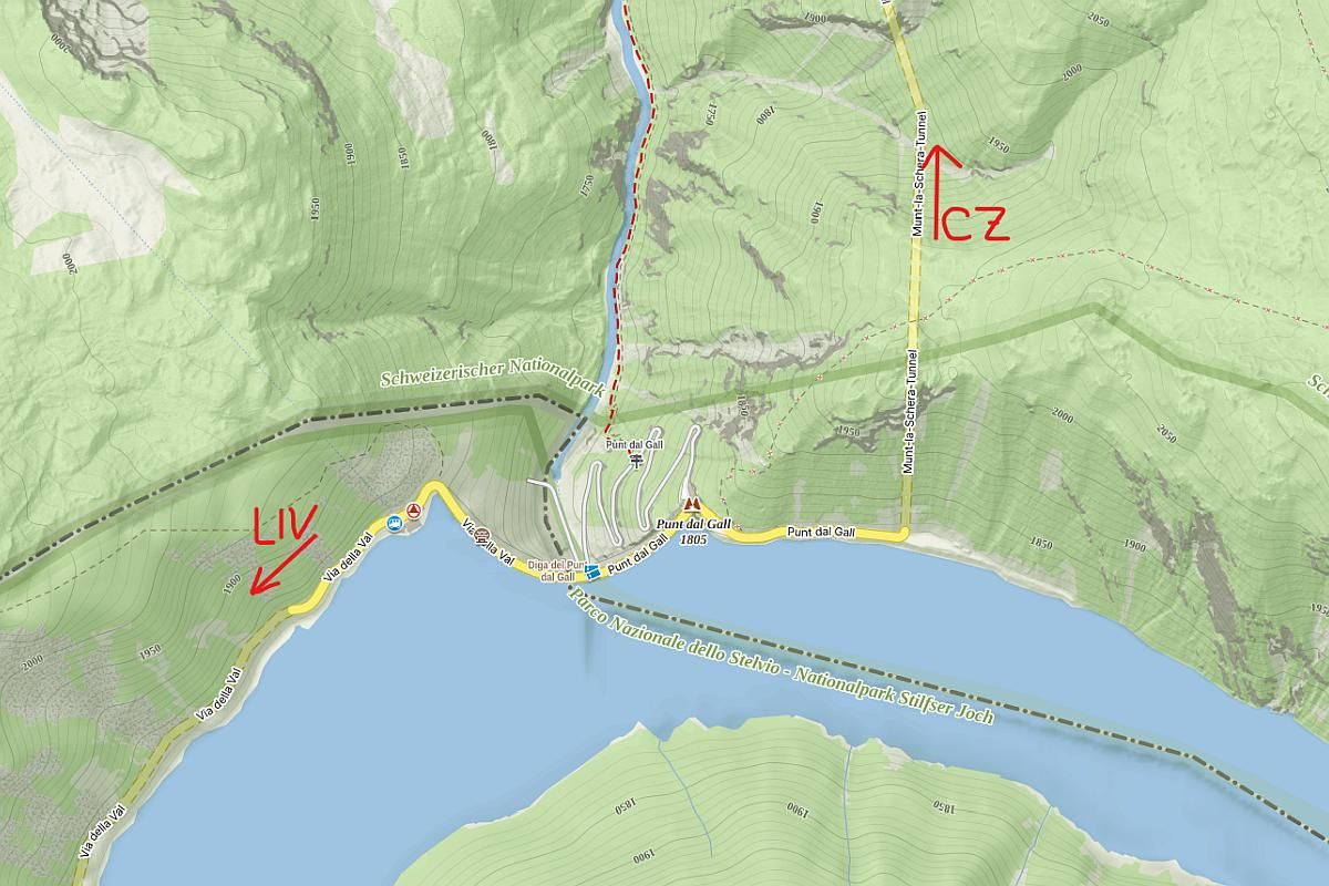 Vyústění tunelu Munt la Schera u přehrady Lago di Livigno na mapě