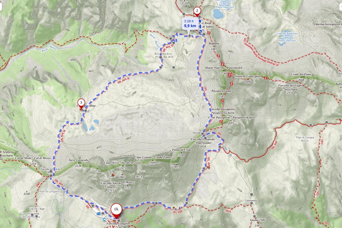 Trasa výletu kolem Tre Cime na mapě Trasa výletu kolem Tre Cime na mapě
